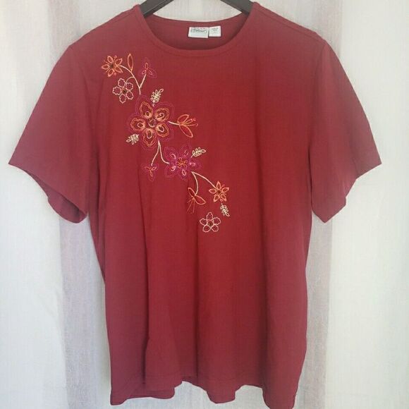 Haband Women's Size L Shirt Short Sleeve Maroon Floral Embroidered Rhinestones - Picture 1 of 8